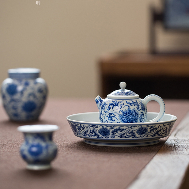915 (6) Hand-painted Qinghua Ceramic Twined Chrysanthemum 90ml Gaiwan