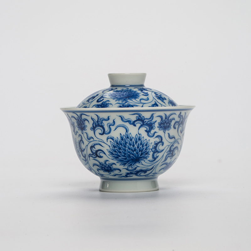 915 (7) Hand-painted Qinghua Ceramic Twined Chrysanthemum 90ml Gaiwan