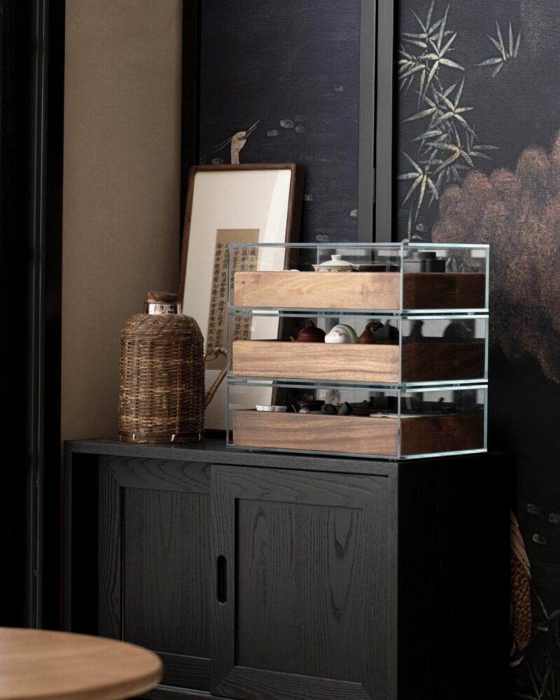 Glass Display Storage Cabinet with Black Walnut Drawers – Tea Table Organizer Unit1 Glass Display Storage Cabinet with Black Walnut Drawers – Tea Table Organizer Unit