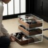 Glass Display Storage Cabinet with Black Walnut Drawers – Tea Table Organizer Unit2 Glass Display Storage Cabinet with Black Walnut Drawers – Tea Table Organizer Unit