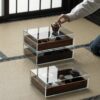 Glass Display Storage Cabinet with Black Walnut Drawers – Tea Table Organizer Unit3 Glass Display Storage Cabinet with Black Walnut Drawers – Tea Table Organizer Unit