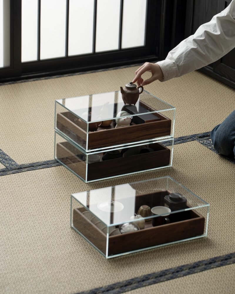 Glass Display Storage Cabinet with Black Walnut Drawers – Tea Table Organizer Unit3 Glass Display Storage Cabinet with Black Walnut Drawers – Tea Table Organizer Unit