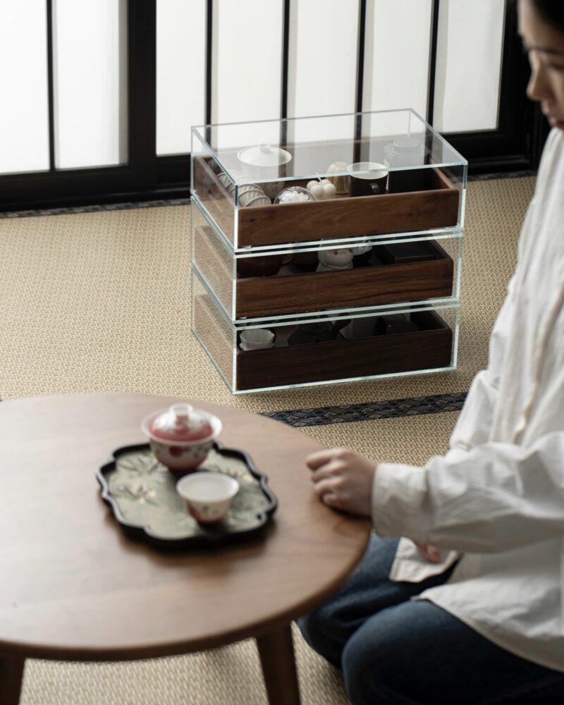 Glass Display Storage Cabinet with Black Walnut Drawers – Tea Table Organizer Unit5 Glass Display Storage Cabinet with Black Walnut Drawers – Tea Table Organizer Unit