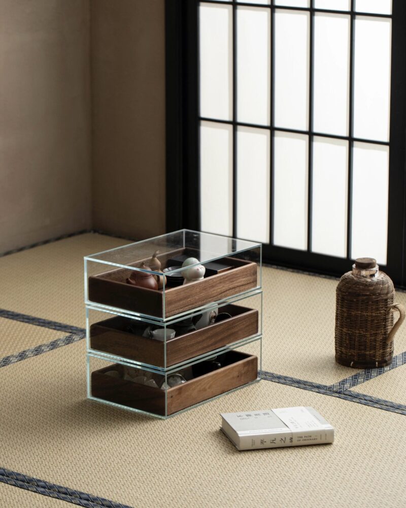 Glass Display Storage Cabinet with Black Walnut Drawers – Tea Table Organizer Unit6 Glass Display Storage Cabinet with Black Walnut Drawers – Tea Table Organizer Unit