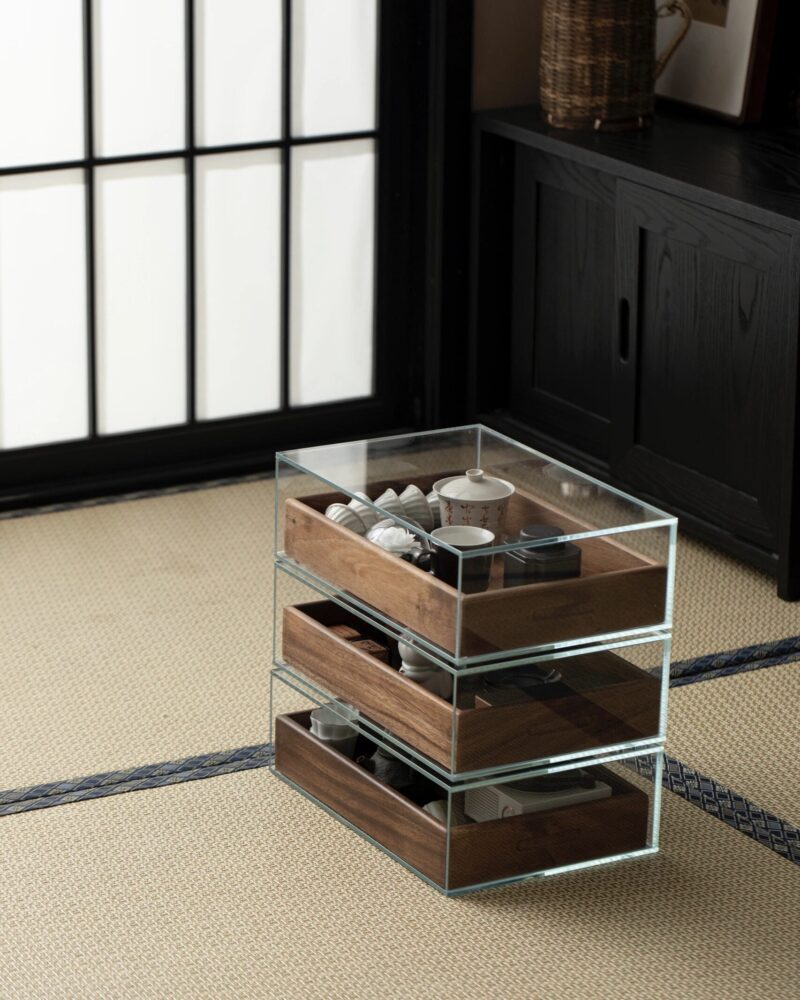 Glass Display Storage Cabinet with Black Walnut Drawers – Tea Table Organizer Unit7 Glass Display Storage Cabinet with Black Walnut Drawers – Tea Table Organizer Unit