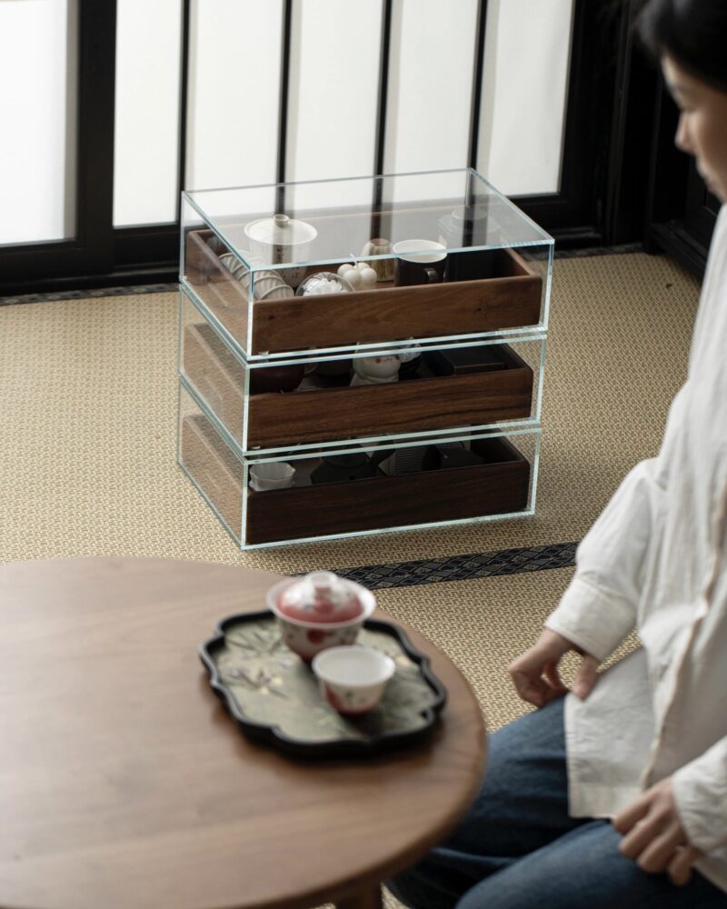 Glass Display Storage Cabinet with Black Walnut Drawers – Tea Table Organizer Unit8 Glass Display Storage Cabinet with Black Walnut Drawers – Tea Table Organizer Unit