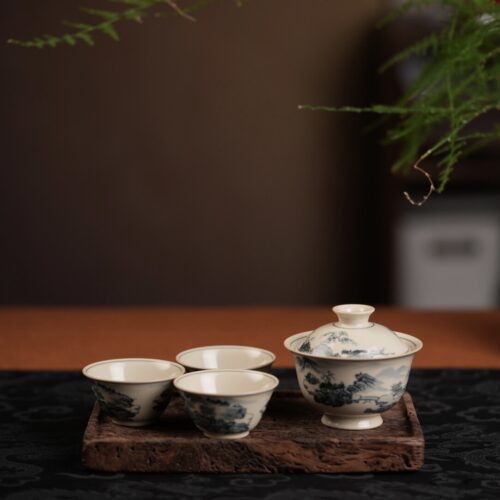 Hand-painted Yuan Style Qinghua Ceramic Landscape 150ml Gaiwan