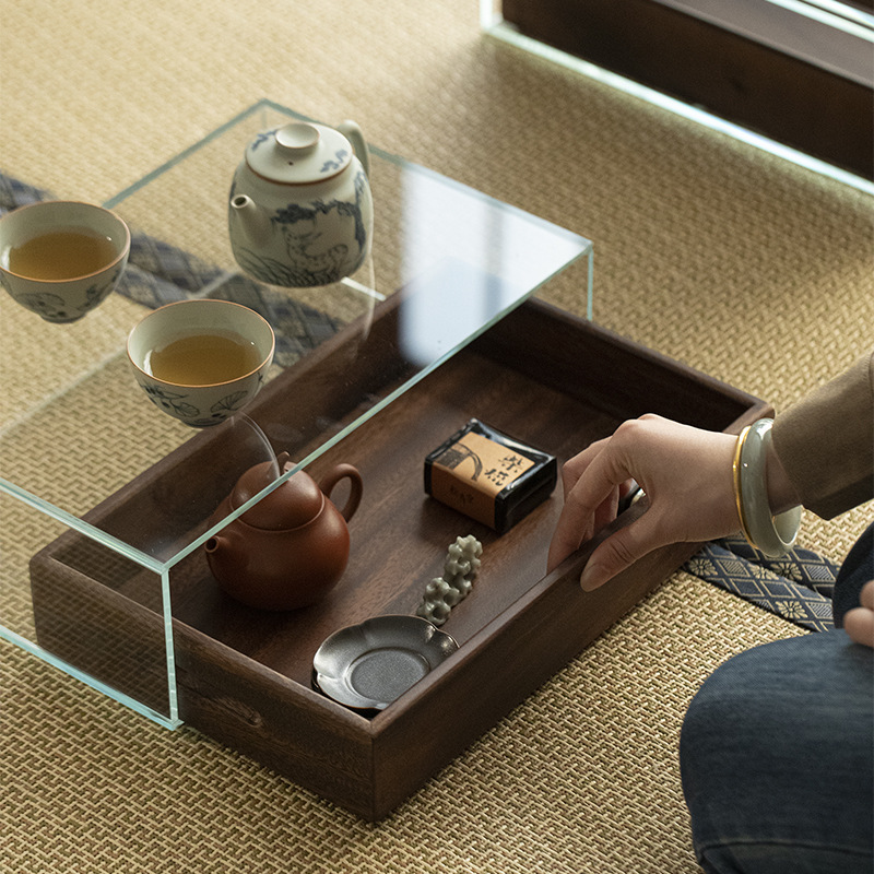 主图-02 Glass Display Storage Cabinet with Black Walnut Drawers – Tea Table Organizer Unit