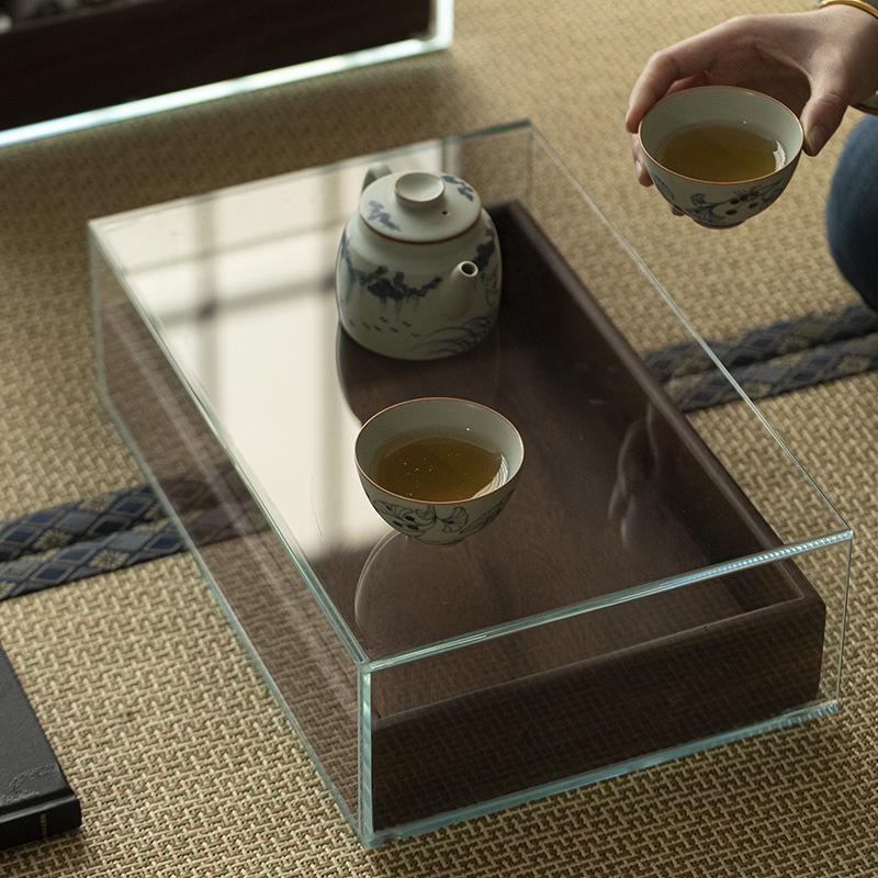 主图-03 Glass Display Storage Cabinet with Black Walnut Drawers – Tea Table Organizer Unit