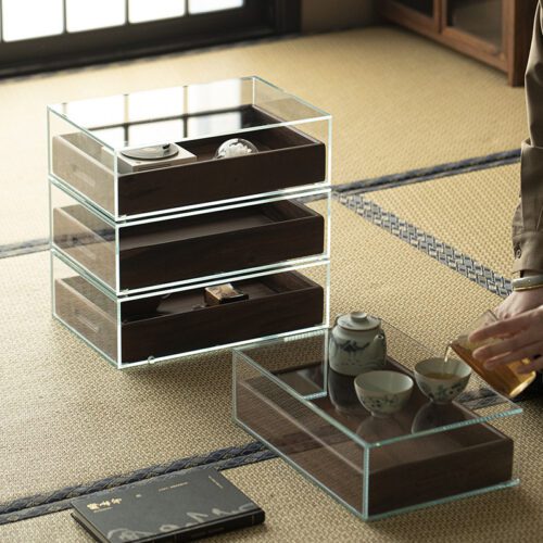 主图-04 Glass Display Storage Cabinet with Black Walnut Drawers – Tea Table Organizer Unit