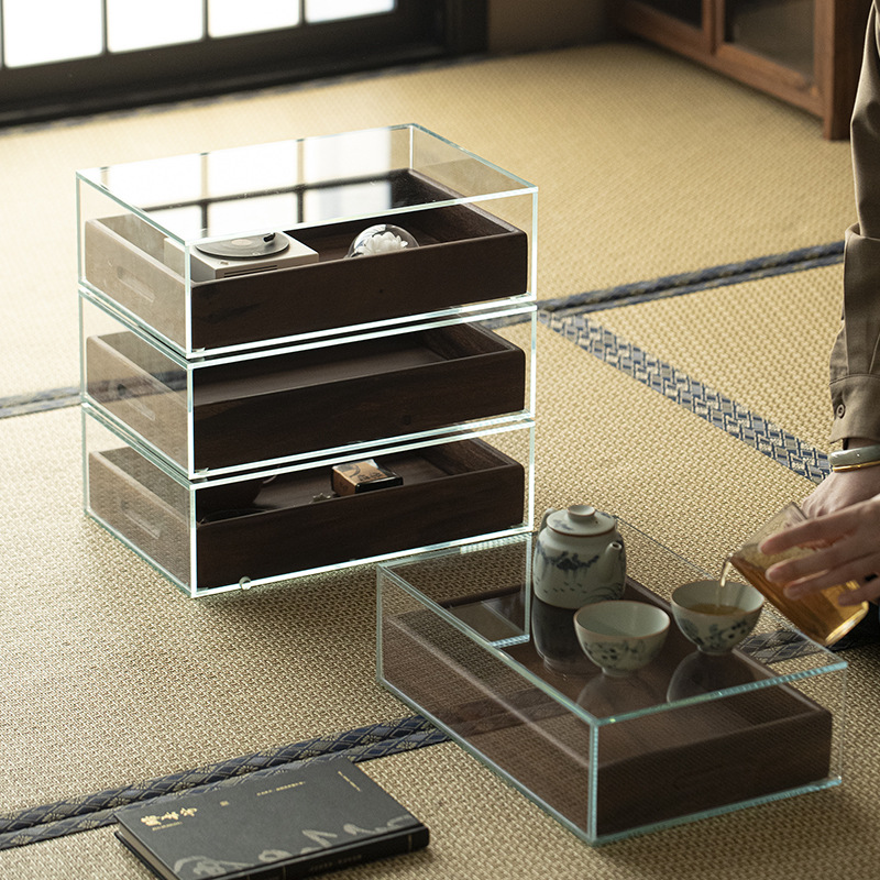主图-04 Glass Display Storage Cabinet with Black Walnut Drawers – Tea Table Organizer Unit