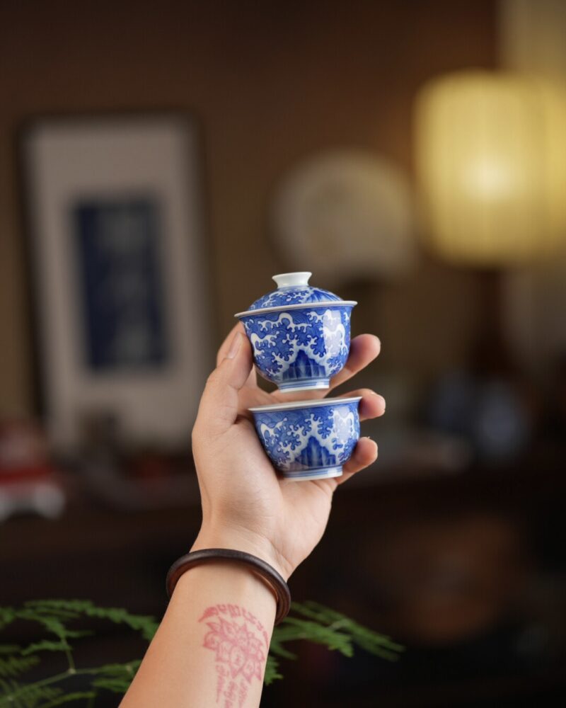 Handmade Hand-painted Qinghua Ceramic Mini 50-60ml Gaiwan Set Ship In 30 Days
