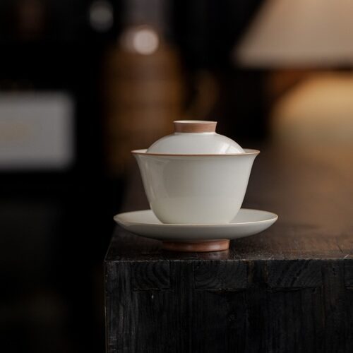 Vintage Style Ru Ware Ceramic Rice Yellow 120ml Gaiwan With Saucer