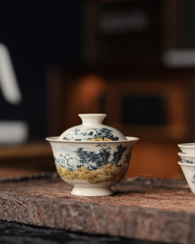 Hand-painted Underglaze Golden Qinghua Ceramic Landscape 150ml Gaiwan1 Hand-painted Underglaze Golden Qinghua Ceramic Landscape 150ml Gaiwan