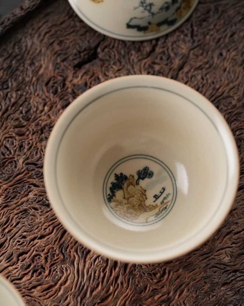 Hand-painted Underglaze Golden Qinghua Ceramic Landscape 150ml Gaiwan6 Hand-painted Underglaze Golden Qinghua Ceramic Landscape 150ml Gaiwan