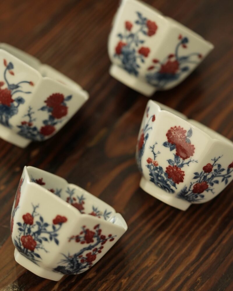 Hand-painted Qinghua Underglaze Red Ceramic Hexagonal Blossom 100ml Host Cup Tea Cup4 Hand-painted Qinghua Underglaze Red Ceramic Hexagonal Blossom 100ml Host Cup Tea Cup