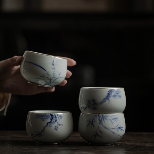Qinghua 120ml Host Tea Cup with Silver Rim – Plum, Orchid, Bamboo & Pine1 Qinghua 120ml Host Tea Cup with Silver Rim – Plum, Orchid, Bamboo & Pine