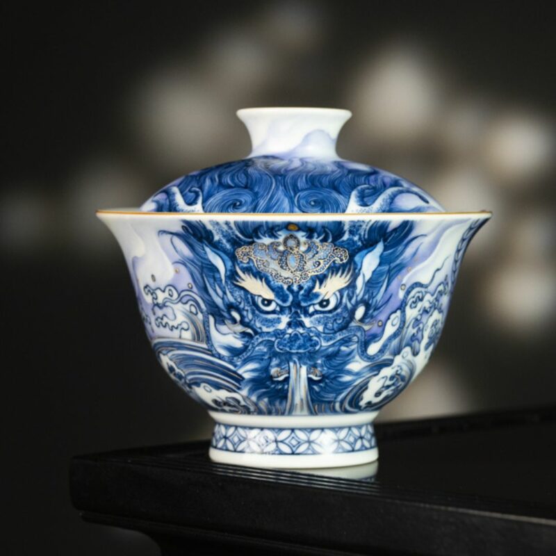 Handmade Hand-painted Qing Hua Ceramic  Dragon Drawing Water 120ml  Gaiwan