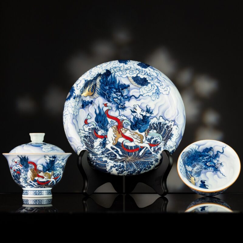 1 Handmade Hand-painted Qing Hua Ceramic Longma Spirit 120ml Gaiwan