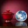 10 Hand-painted Ceramic Carmine Red Golden Carp Offering Treasure 120ml Gaiwan