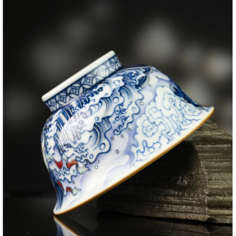 Handmade Hand-painted Qing Hua Ceramic  Dragon Drawing Water 120ml  Gaiwan