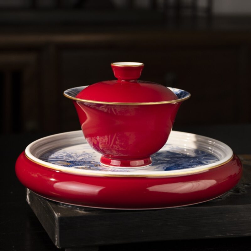 2 Hand-painted Ceramic Carmine Red Golden Carp Offering Treasure 120ml Gaiwan