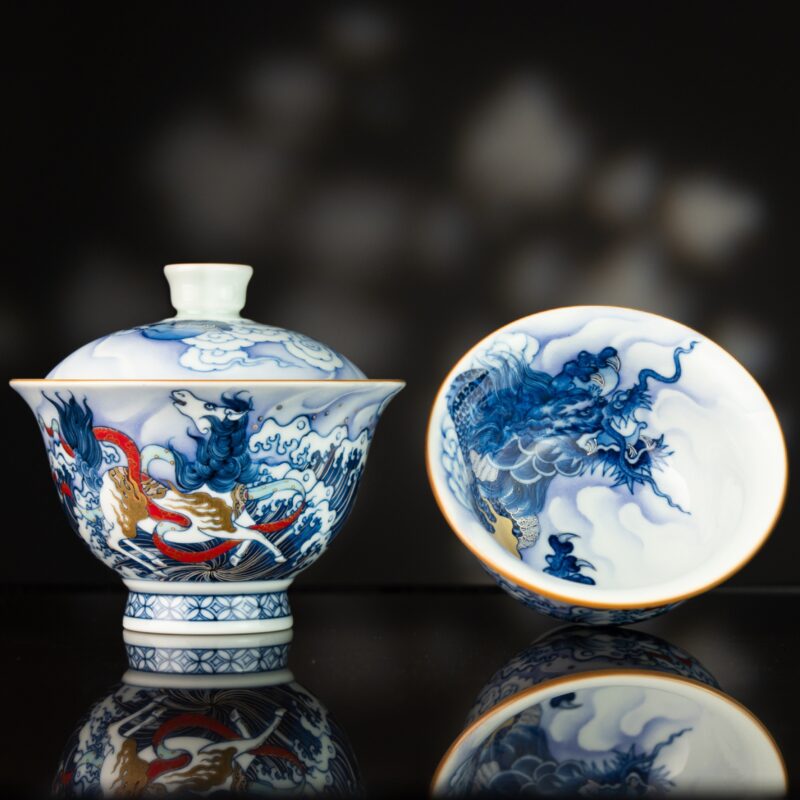 2 Handmade Hand-painted Qing Hua Ceramic Longma Spirit 120ml Gaiwan