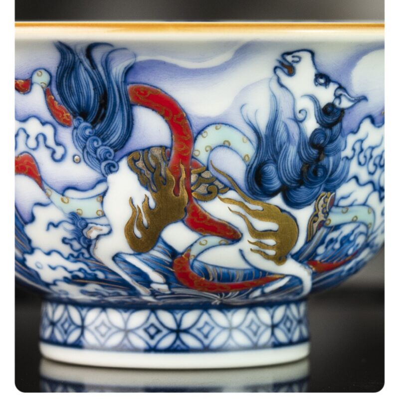 4 Handmade Hand-painted Qing Hua Ceramic Longma Spirit 120ml Gaiwan