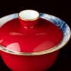 5 Hand-painted Ceramic Carmine Red Golden Carp Offering Treasure 120ml Gaiwan