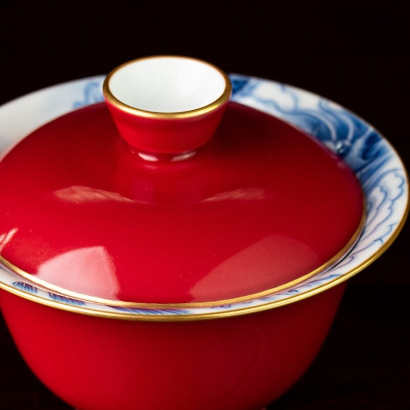 5 Hand-painted Ceramic Carmine Red Golden Carp Offering Treasure 120ml Gaiwan