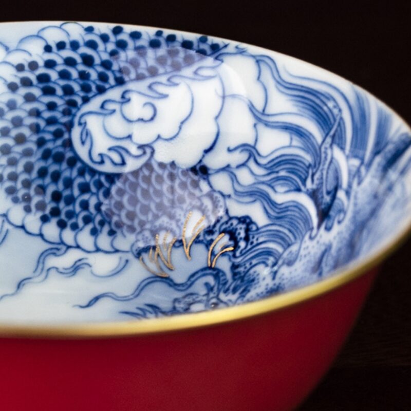 8 Hand-painted Ceramic Carmine Red Golden Carp Offering Treasure 120ml Gaiwan
