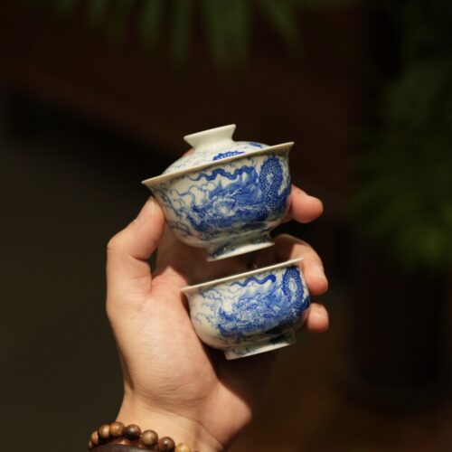 Hand-painted Qinghua Wood-kiln Fired Ceramic Dragon in Cloud 80ml Gaiwan Set