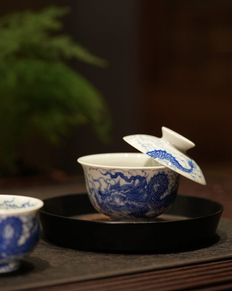 Hand-painted Qinghua Wood-kiln Fired Ceramic Dragon in Cloud 80ml Gaiwan Set9 Hand-painted Qinghua Wood-kiln Fired Ceramic Dragon in Cloud 80ml Gaiwan Set