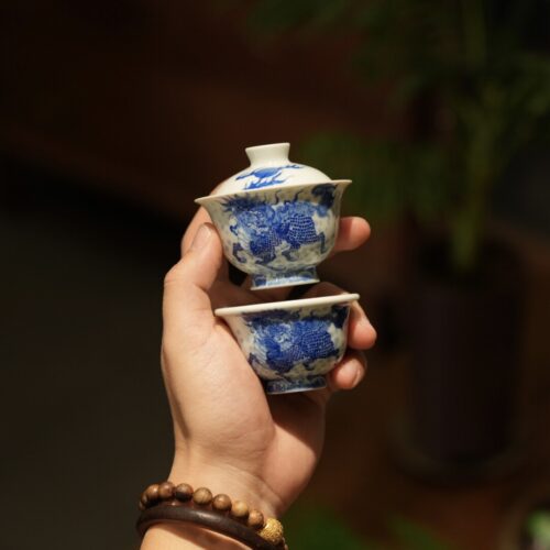 Hand-painted Qinghua Ceramic Kirin Wave 60ml Gaiwan Set