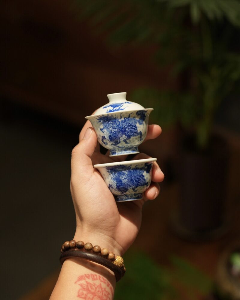 Hand-painted Qinghua Ceramic Kirin Wave 60ml Gaiwan Set