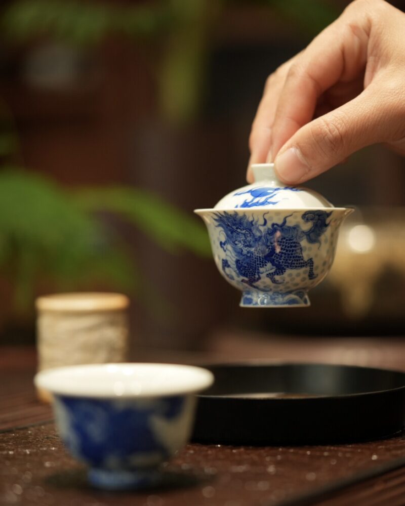 Hand-painted Qinghua Ceramic Kirin Wave 60ml Gaiwan Set