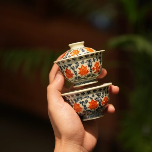 Hand-painted Underglaze Red Qinghua Ceramic Twined Lotus 80ml Gaiwan Set