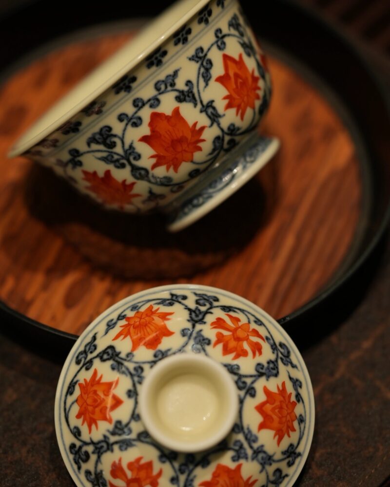 Hand-painted Underglaze Red Qinghua Ceramic Twined Lotus 80ml Gaiwan Set3 Hand-painted Underglaze Red Qinghua Ceramic Twined Lotus 80ml Gaiwan Set