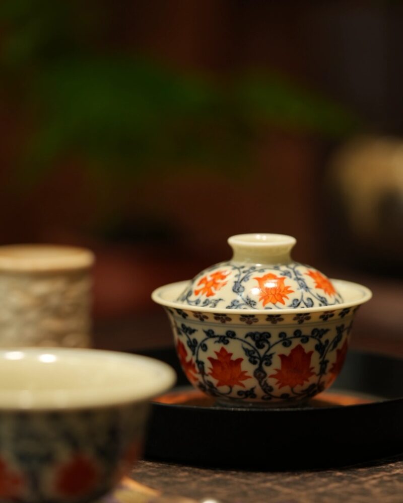 Hand-painted Underglaze Red Qinghua Ceramic Twined Lotus 80ml Gaiwan Set4 Hand-painted Underglaze Red Qinghua Ceramic Twined Lotus 80ml Gaiwan Set