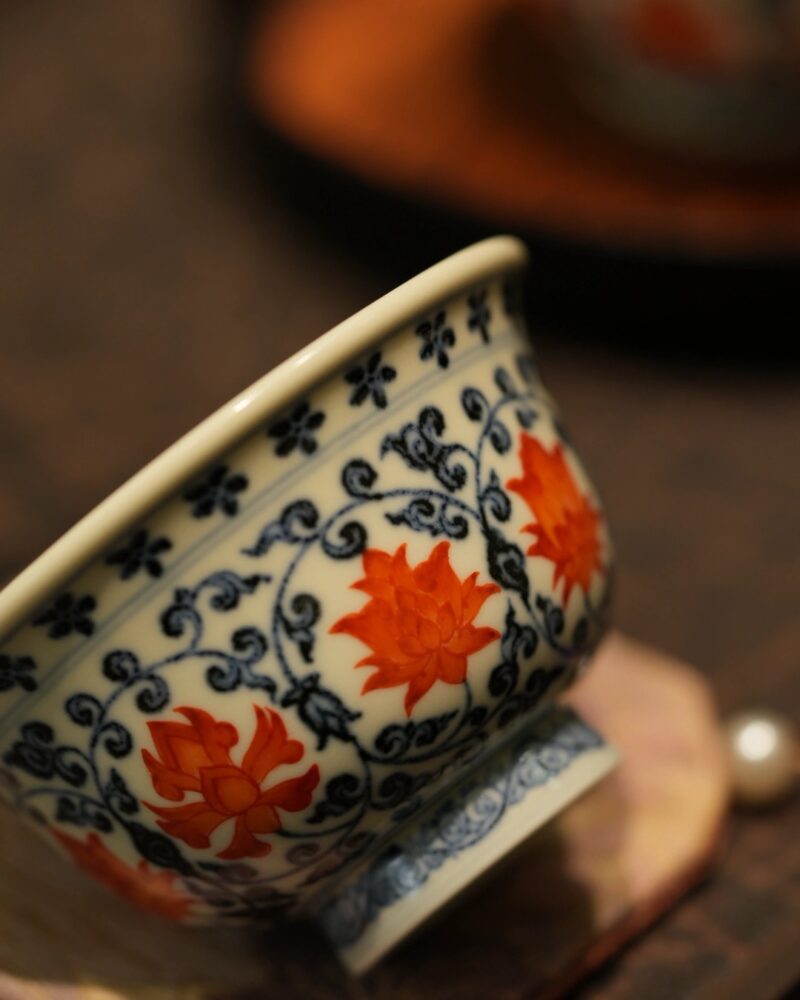 Hand-painted Underglaze Red Qinghua Ceramic Twined Lotus 80ml Gaiwan Set5 Hand-painted Underglaze Red Qinghua Ceramic Twined Lotus 80ml Gaiwan Set