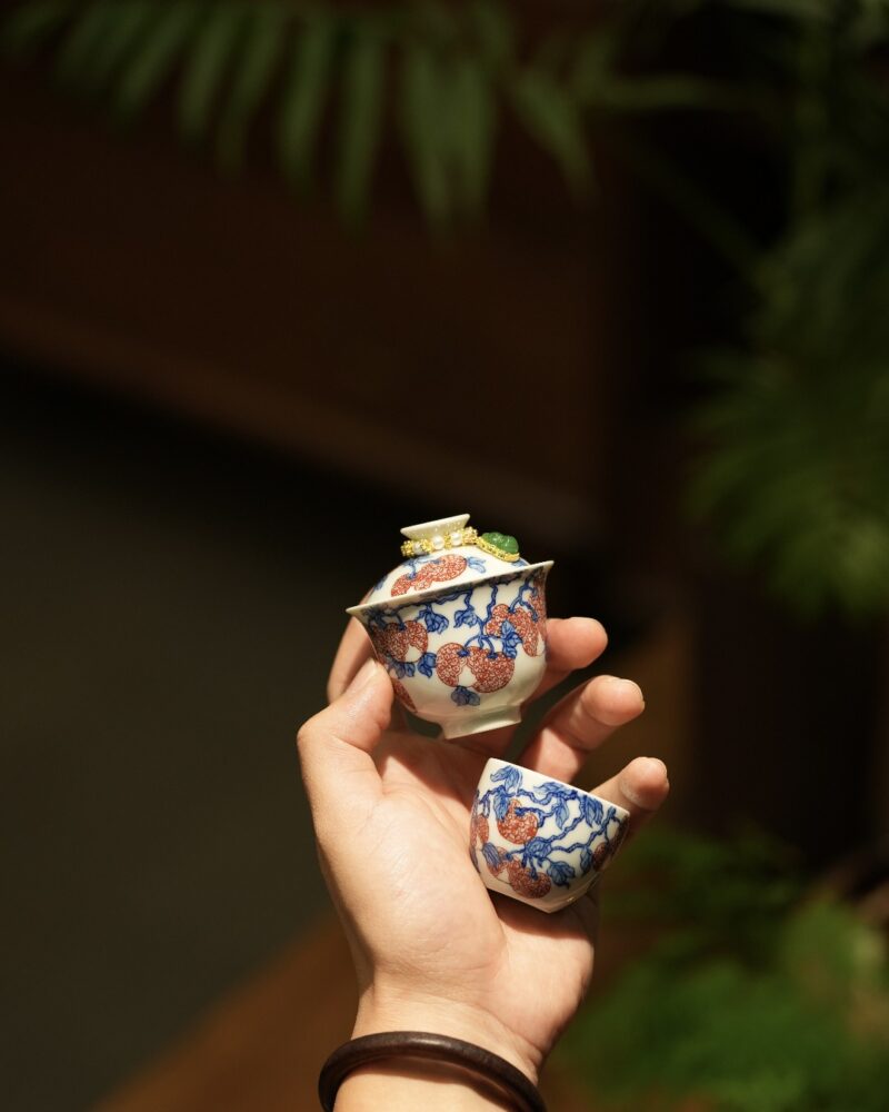 Handmade Hand-painted Qinghua Ceramic Mini 50-60ml Gaiwan Set Ship In 30 Days