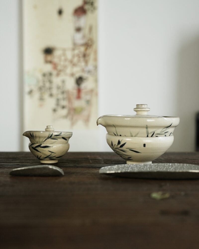 Handmade Hand-painted Powder Glaze Ceramic Bamboo Leaves 35ml  & 110ml Gaiwan Set - Pre Order Ship in 15 Days
