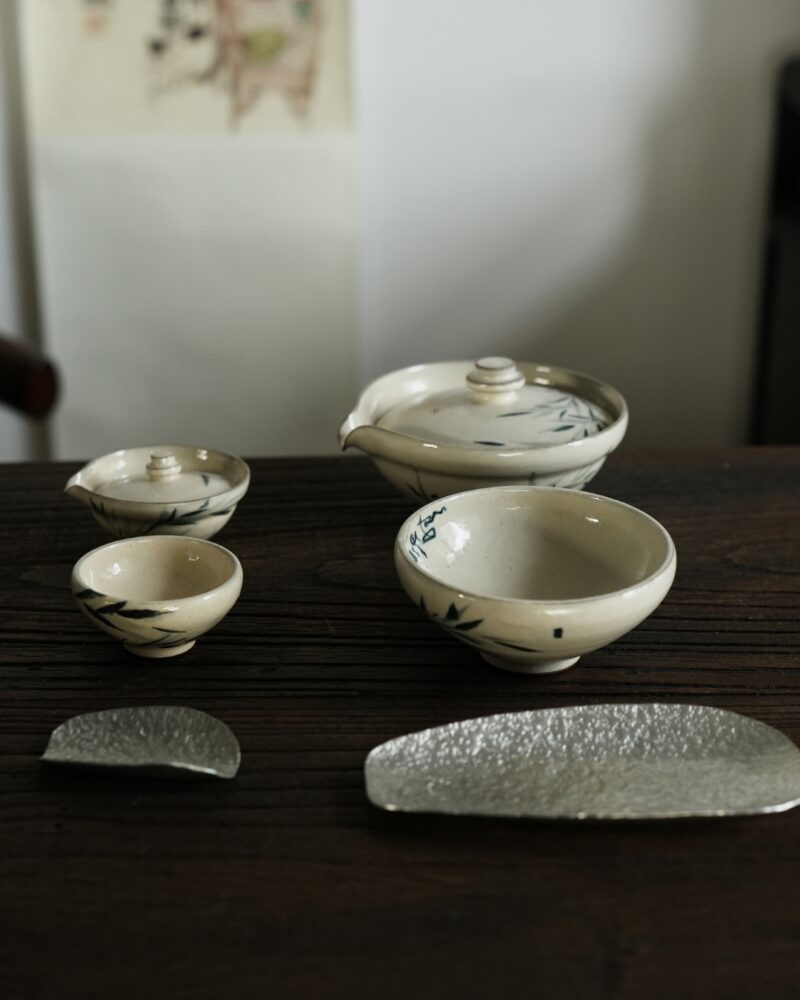 Handmade Hand-painted Powder Glaze Ceramic Bamboo Leaves 35ml  & 110ml Gaiwan Set - Pre Order Ship in 15 Days