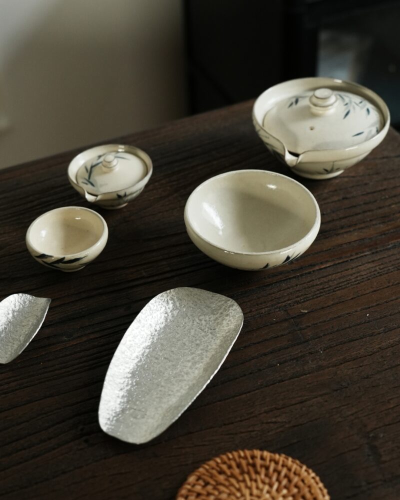 Handmade Hand-painted Powder Glaze Ceramic Bamboo Leaves 35ml  & 110ml Gaiwan Set - Pre Order Ship in 15 Days