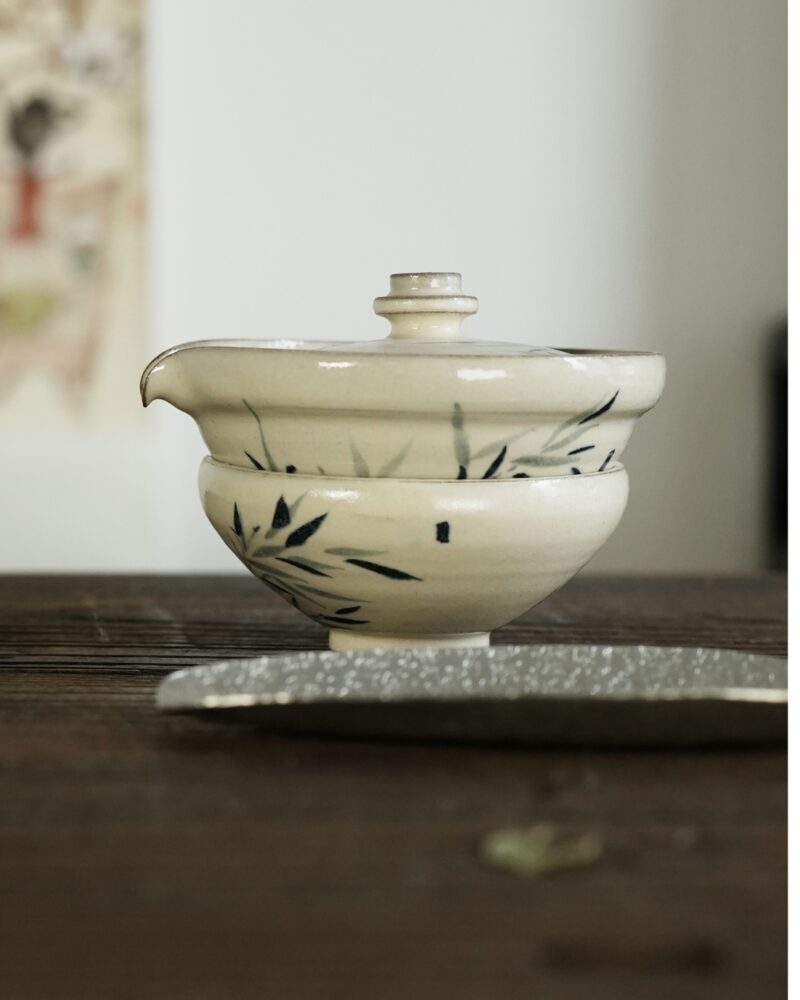 Handmade Hand-painted Powder Glaze Ceramic Bamboo Leaves 35ml  & 110ml Gaiwan Set - Pre Order Ship in 15 Days
