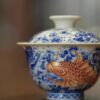 Hand-painted Qinghua Ceramic Carp Sailing 100ml Gaiwan10 Hand-painted Qinghua Ceramic Carp Sailing 100ml Gaiwan