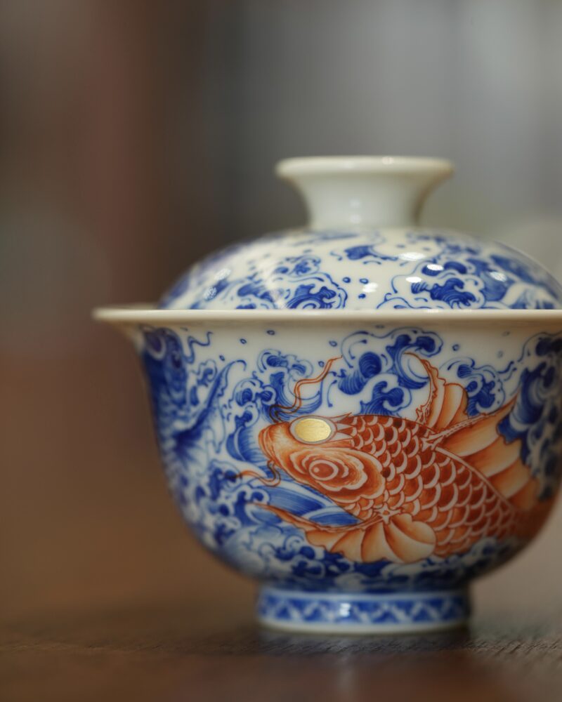 Hand-painted Qinghua Ceramic Carp Sailing 100ml Gaiwan10 Hand-painted Qinghua Ceramic Carp Sailing 100ml Gaiwan