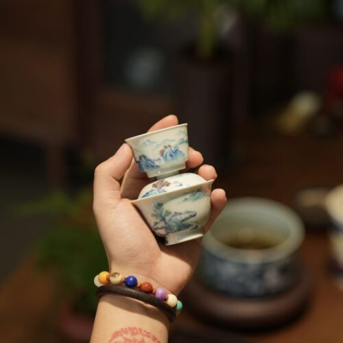 Handmade Hand-painted Dou Cai Ceramic Landscape 70ml Gaiwan Set