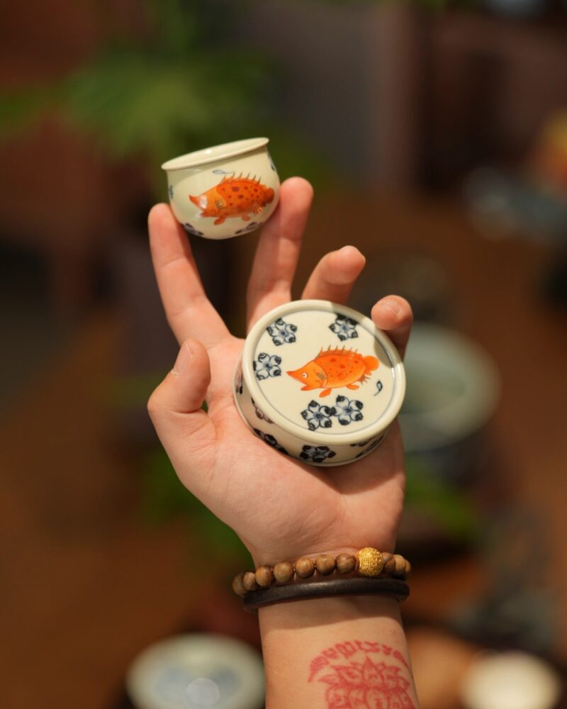 Handmade Hand-painted Qinghua Iron-red Ceramic Mandarin Fish Flower 60ml Gaiwan Set