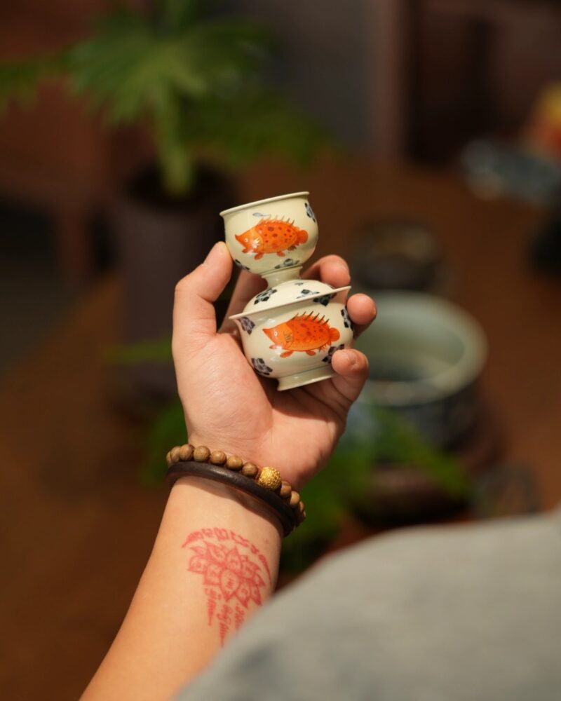 Handmade Hand-painted Qinghua Iron-red Ceramic Mandarin Fish Flower 60ml Gaiwan Set